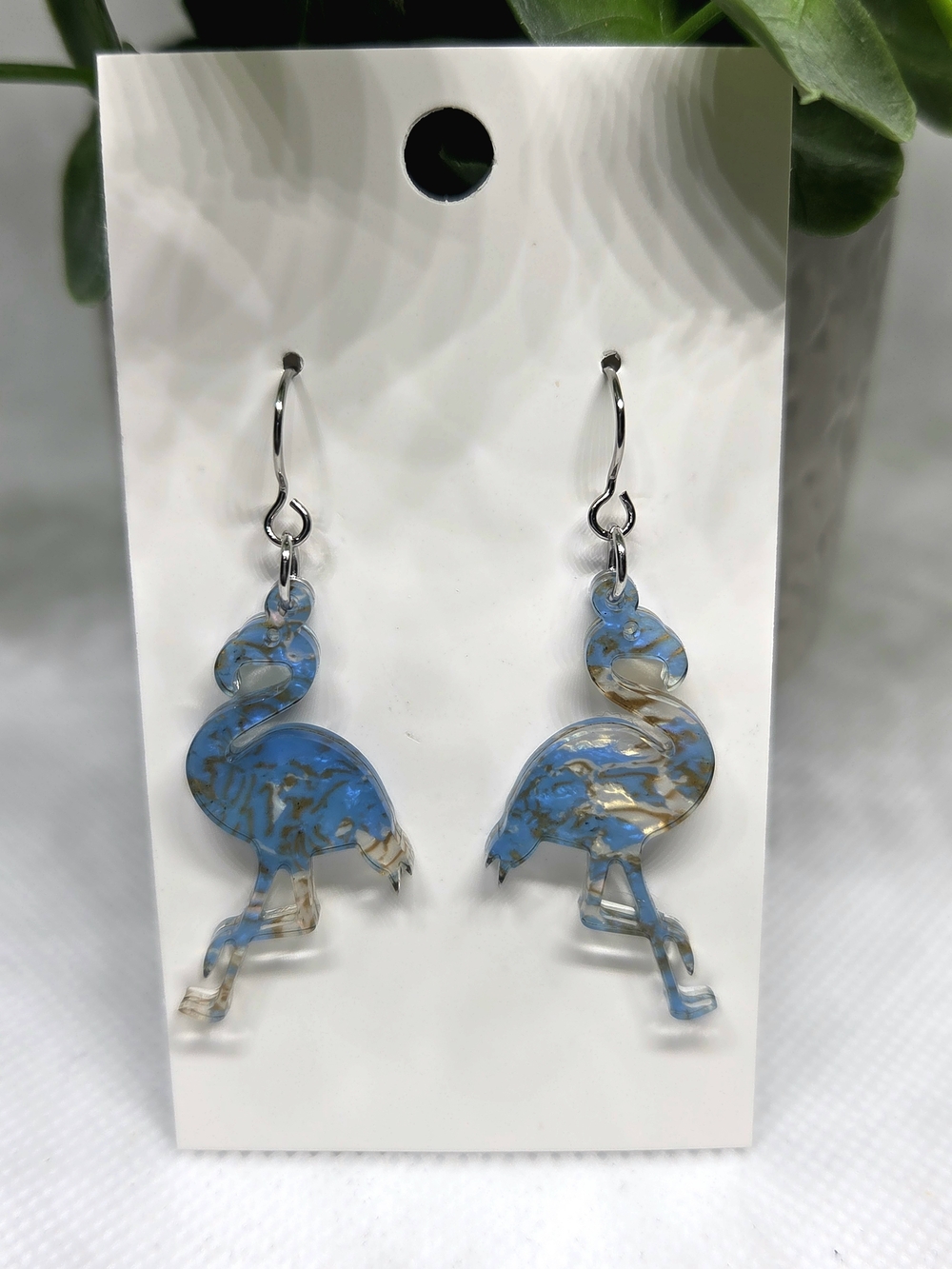 Blue Marble Flamingo Dangle Earrings